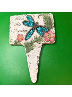 Bless This Garden Dragonfly Stake Blue Mosaic Floral Cement Outdoor Yard Décor